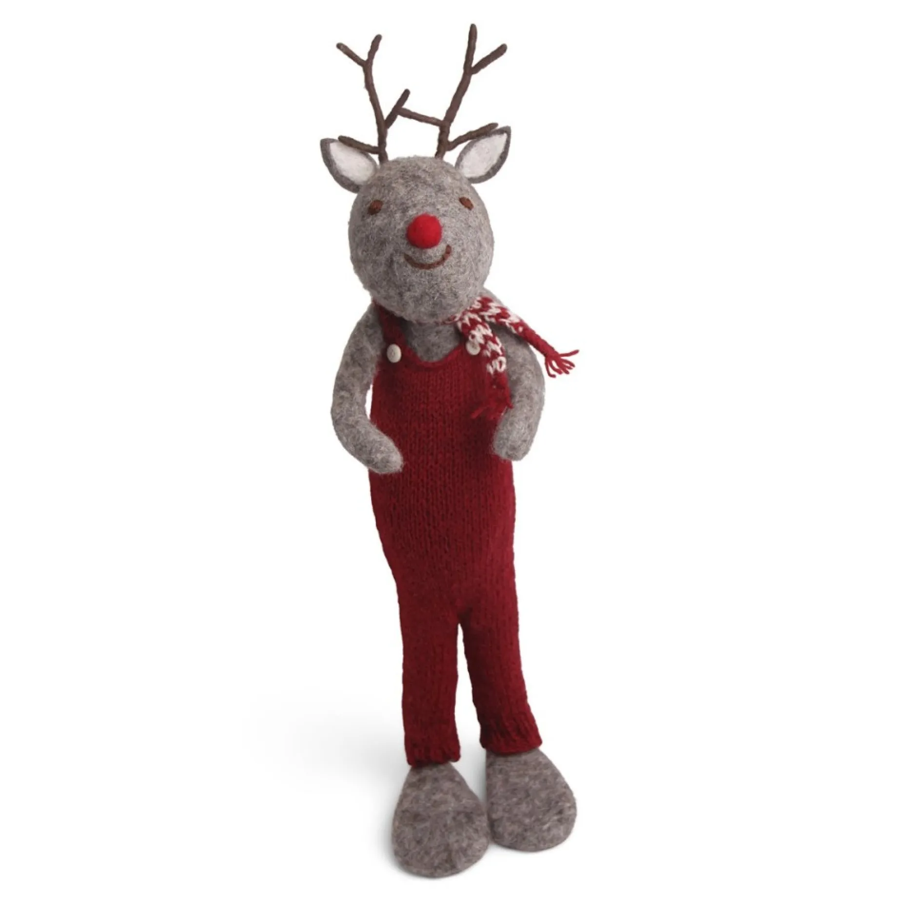 En Gry & Sif Christmas Figurine - Reindeer With Red Overalls (Grey) - Extra Large| Felt Figurines