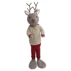En Gry & Sif Christmas Figurine - Reindeer With Stripy Sweater (Grey) - Extra Large| Felt Figurines