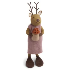 En Gry & Sif Christmas Figurine - Reindeer With Bowl Of Cranberries (Brown) - Extra Large| Felt Figurines