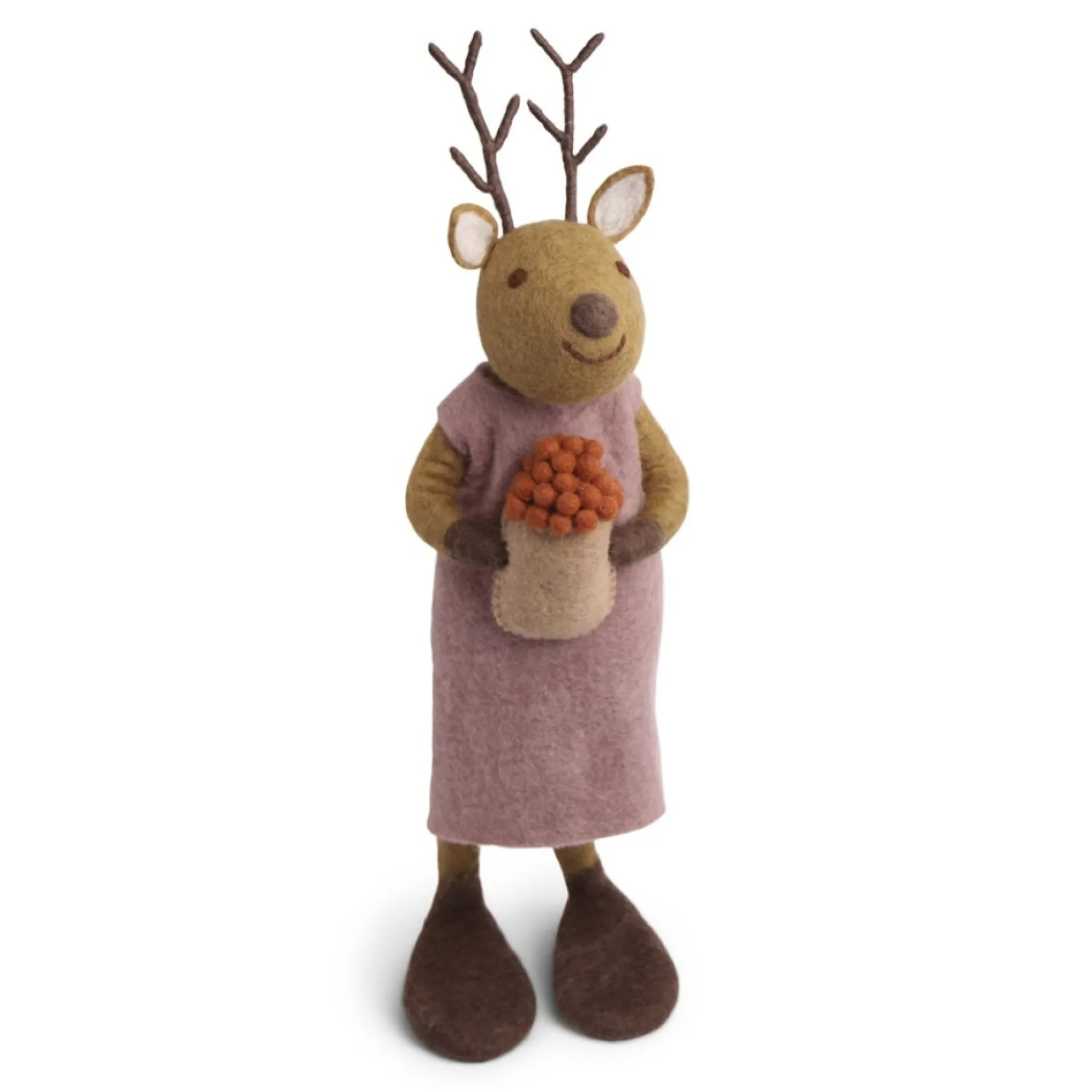 En Gry & Sif Christmas Figurine - Reindeer With Bowl Of Cranberries (Brown) - Extra Large| Felt Figurines