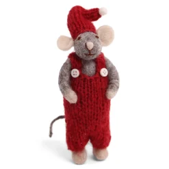En Gry & Sif Christmas Figurine - Winter Mouse Boy (Small) With Red Overalls (Grey)| Felt Figurines