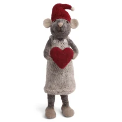En Gry & Sif Christmas Figurine - Winter Mouse Girl (Large) With Heart (Grey)| Felt Figurines