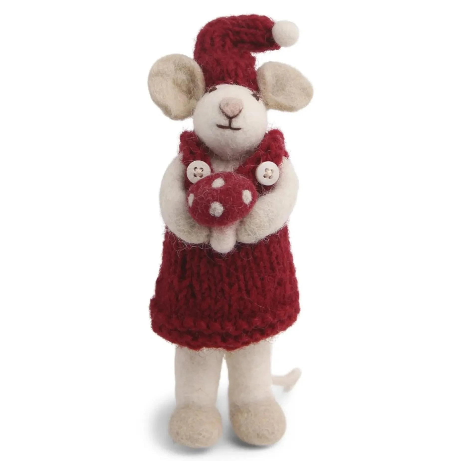 En Gry & Sif Christmas Figurine - Winter Mouse Girl (Small) With Mushroom (White)| Felt Figurines