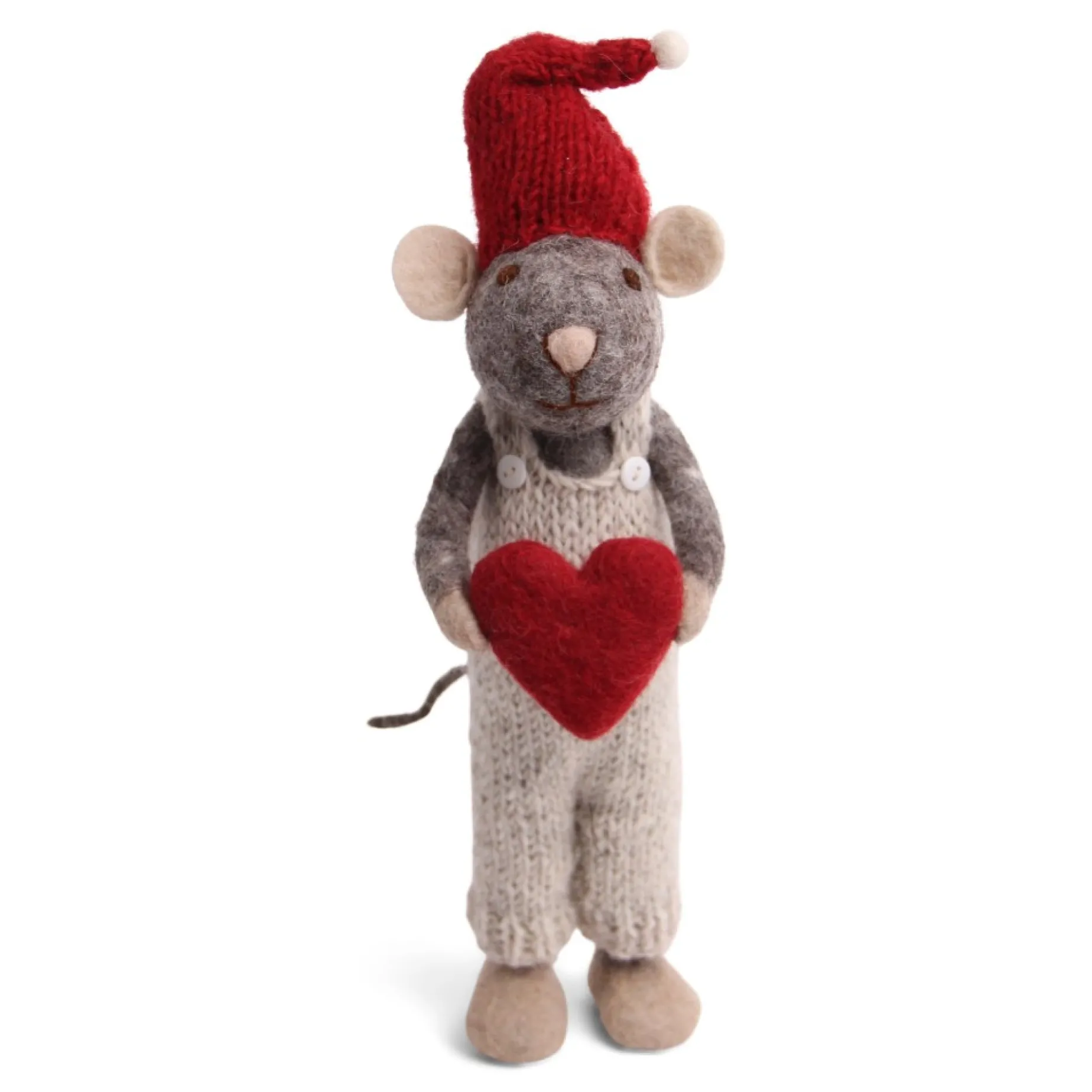 En Gry & Sif Christmas Figurine - Winter Mouse Boy (Large) With Heart (Grey)| Felt Figurines
