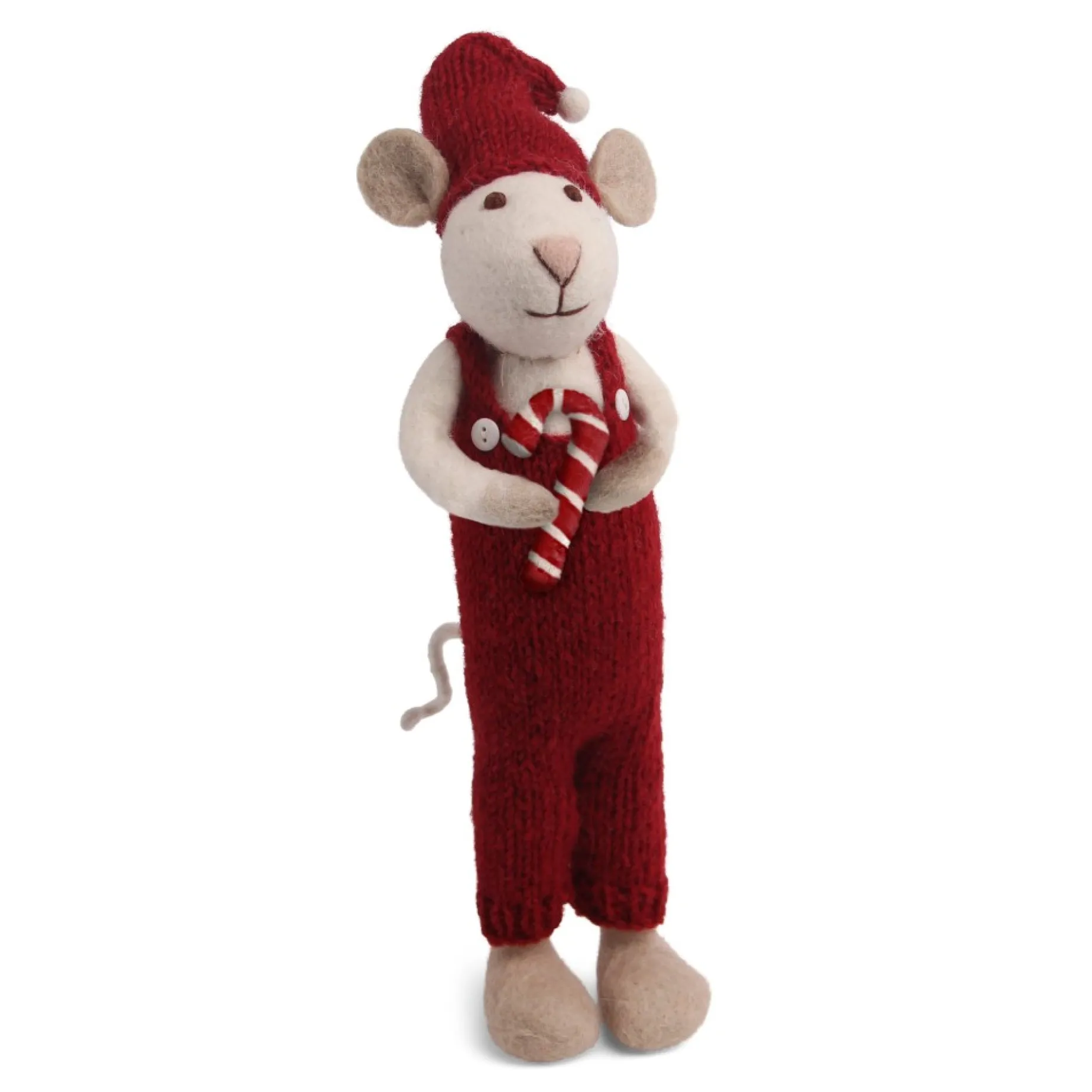 En Gry & Sif Christmas Figurine - Winter Mouse With Candy Cane (White) - Large| Felt Figurines