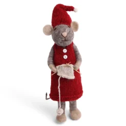 En Gry & Sif Christmas Figurine - Winter Mouse Knitting (Grey) - Large| Felt Figurines