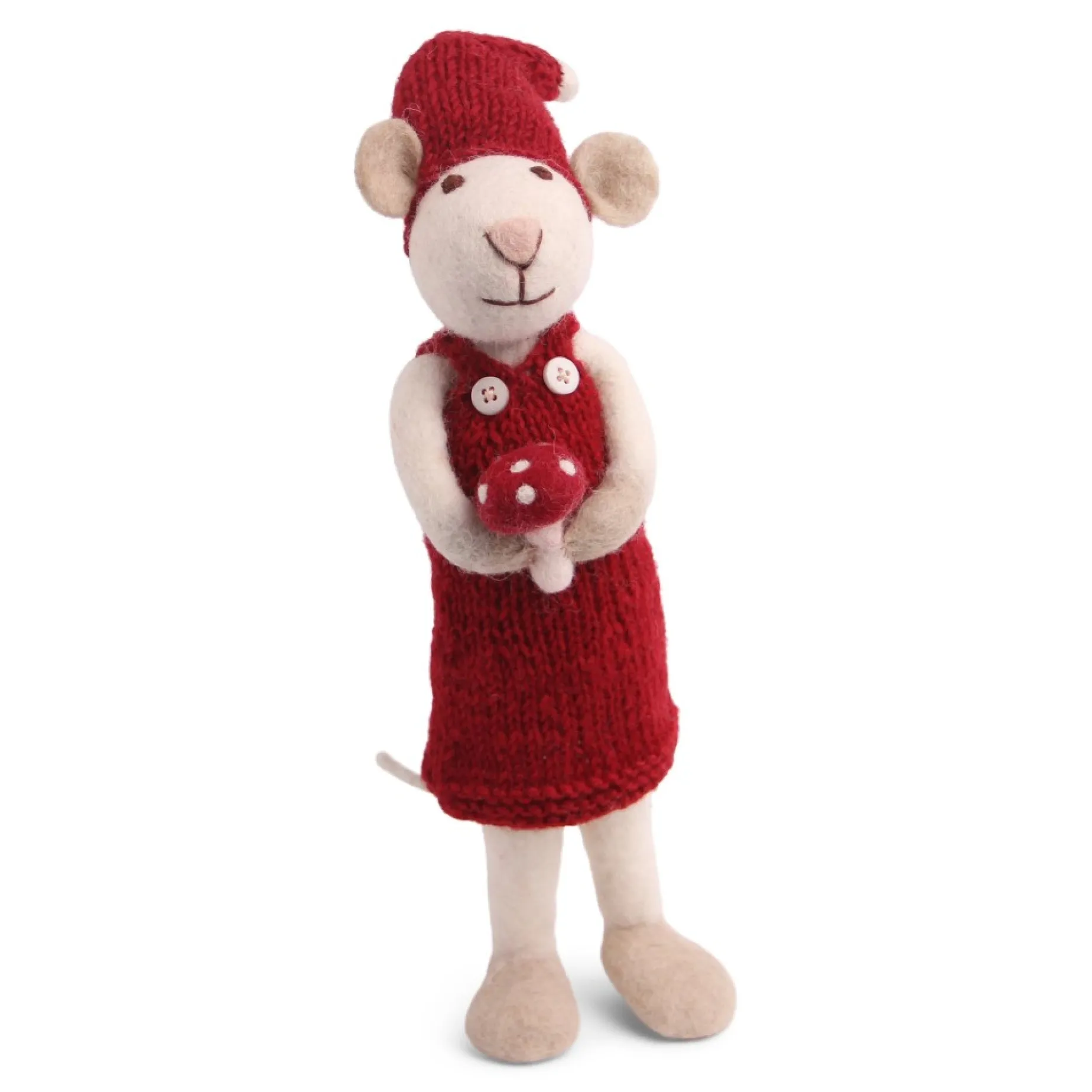 En Gry & Sif Christmas Figurine - Winter Mouse With Mushroom (White) - Large| Felt Figurines