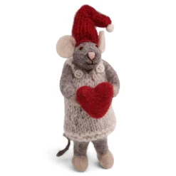 En Gry & Sif Christmas Figurine - Winter Mouse Girl (Small) With Heart (Grey)| Felt Figurines