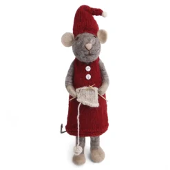 En Gry & Sif Christmas Figurine - Winter Mouse Knitting (Grey) - Extra Large| Felt Figurines
