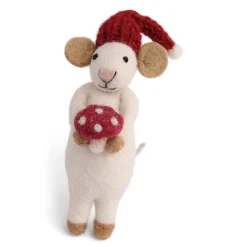 En Gry & Sif Christmas Figurine - Winter Mouse (Medium) With Mushroom (White)| Felt Figurines