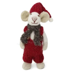En Gry & Sif Christmas Figurine - Winter Mouse Boy (Small) With Scarf And Hat (White)| Felt Figurines