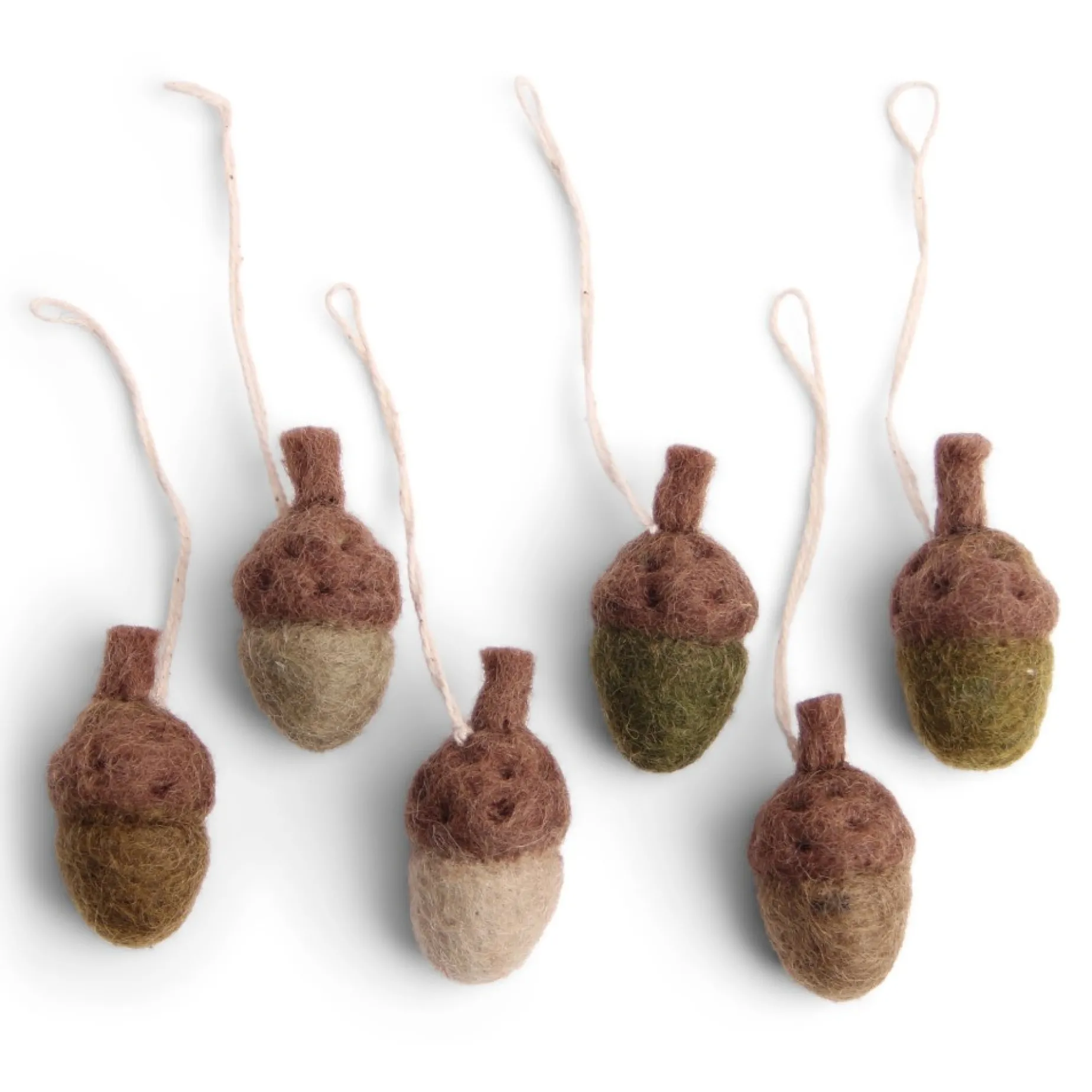 En Gry & Sif Fall Hanging Decoration - Little Acorns In Natural Tones (Set Of 6)| Felt Christmas Tree Decorations
