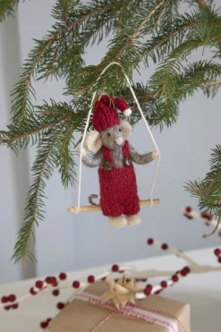 En Gry & Sif Felt Christmas Tree Decoration - Christmas Mouse On Swing| Felt Christmas Tree Decorations