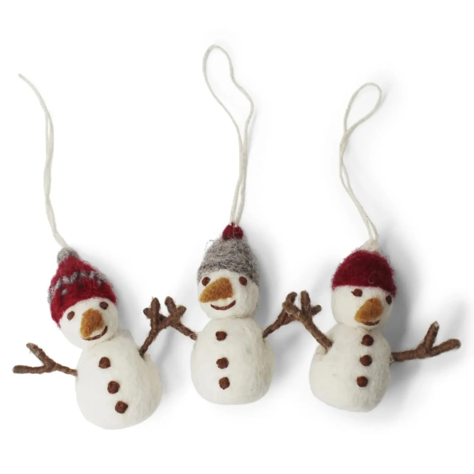 En Gry & Sif Felt Christmas Tree Decoration - Snowmen With Knitted Caps (Set Of 3)| Felt Christmas Tree Decorations