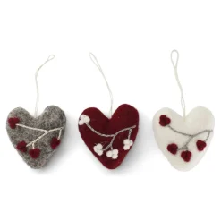 En Gry & Sif Felt Christmas Tree Decoration - Hearts With Winter Berries (Set Of 3)| Felt Christmas Tree Decorations