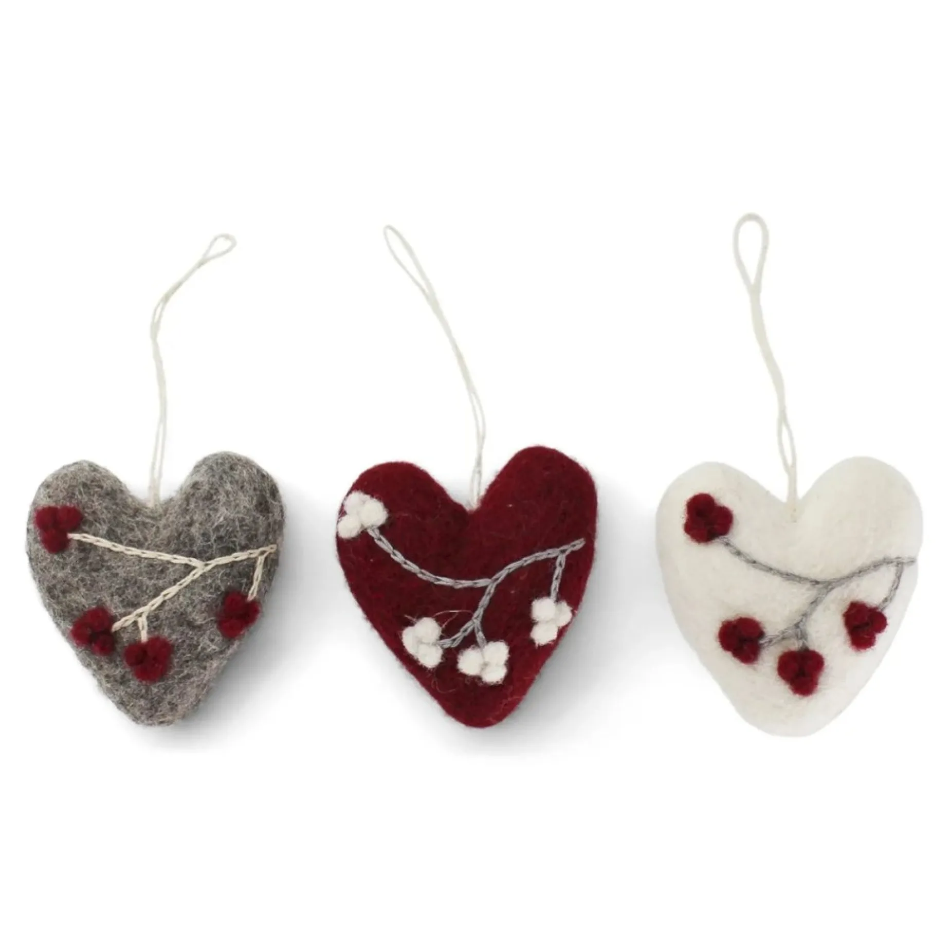 En Gry & Sif Felt Christmas Tree Decoration - Hearts With Winter Berries (Set Of 3)| Felt Christmas Tree Decorations